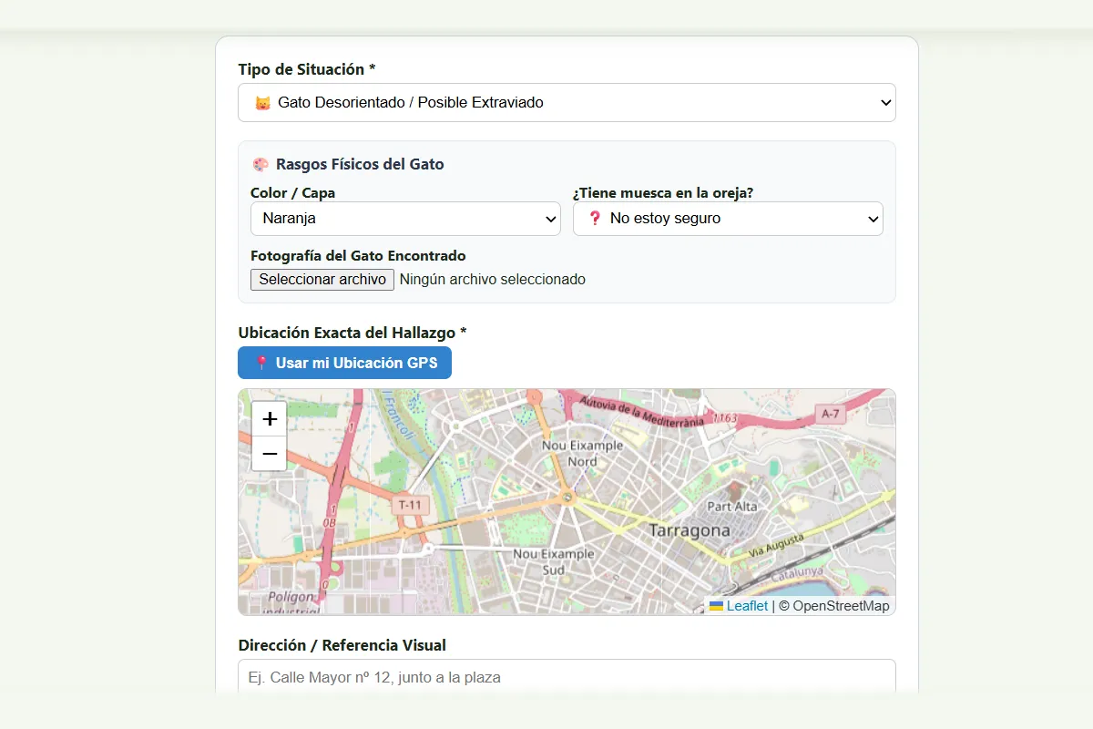 Captura de la interfaz del módulo Encontrado en NexFelis para Policía Local mostrando mapas colindantes y coincidencia de felino