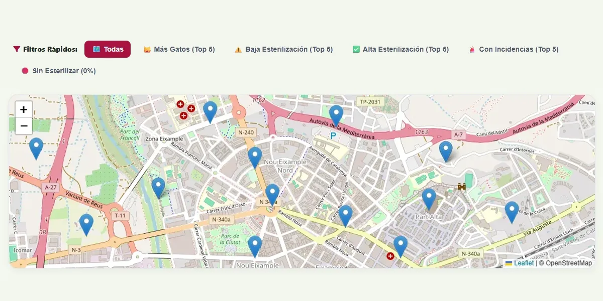 Mapa de geolocalización de colonias felinas municipales en el panel de control de NexFelis