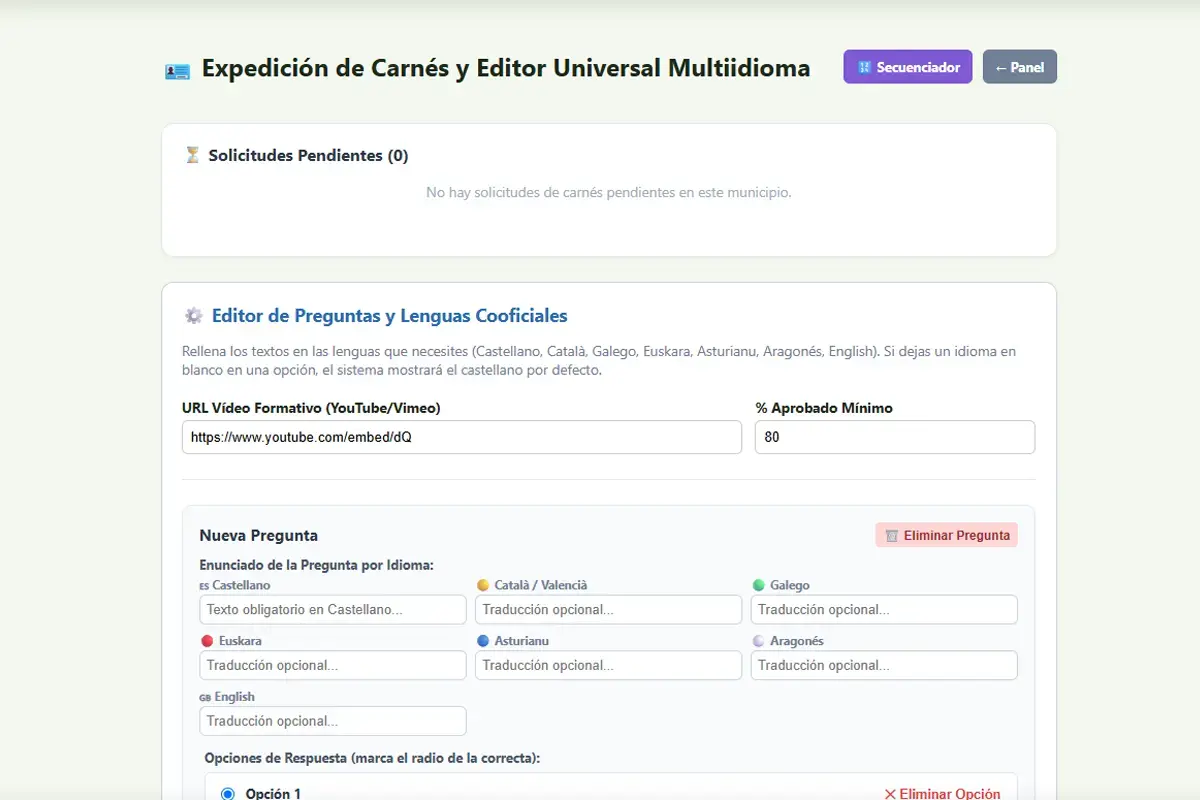 Captura del panel de NexFelis para configurar el enlace al vídeo de formación, preguntas del test y porcentaje mínimo de aciertos