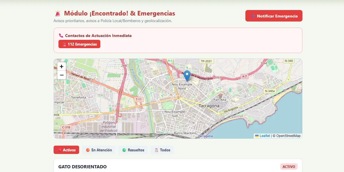 Interfaz del módulo Encontrado para Policía Local y emergencias en NexFelis