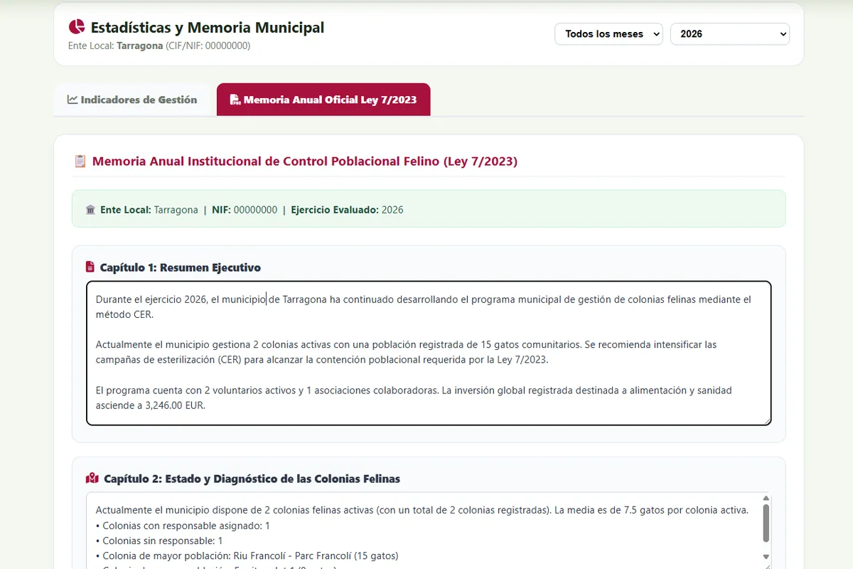 Captura de la pantalla de exportación de memoria anual e informes estadísticos en PDF dentro de NexFelis