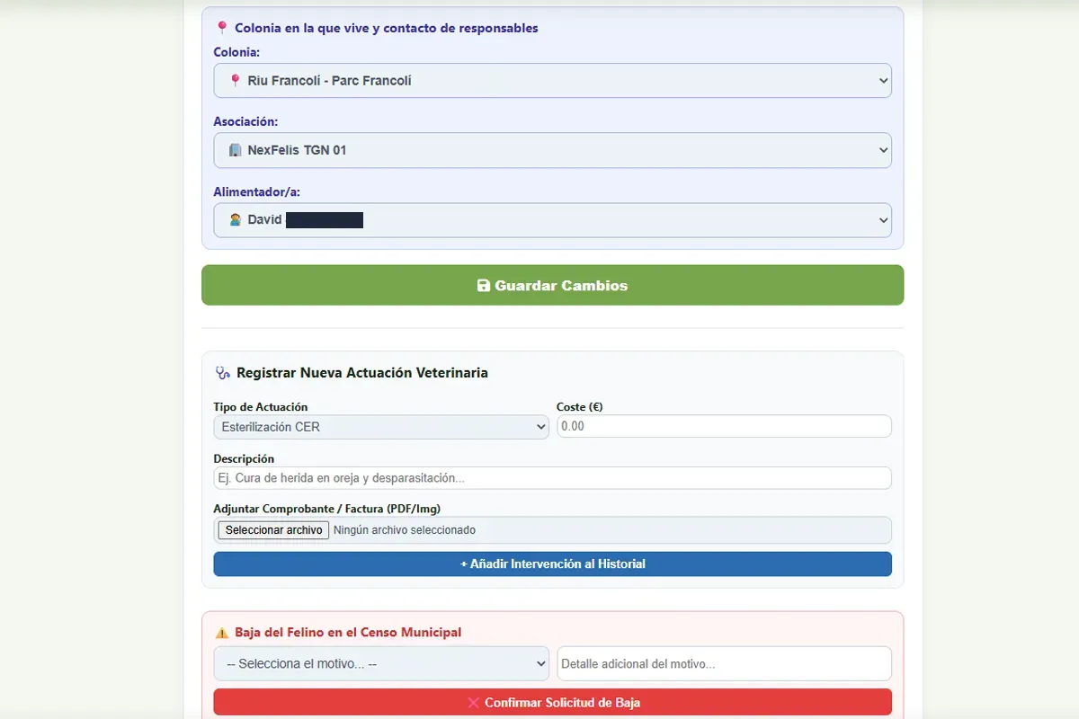 Captura de la ficha sanitaria de un gato en NexFelis con historial de intervenciones, vacunas, fotos y microchip