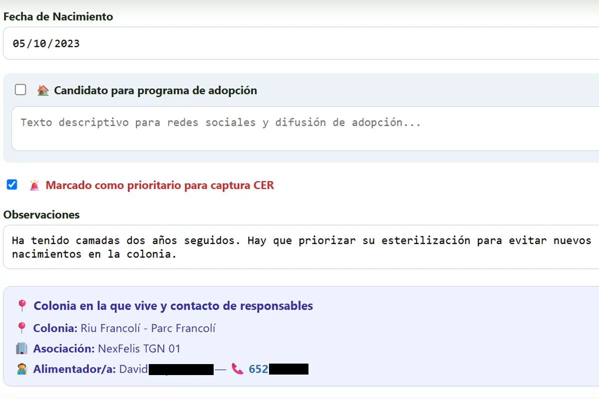 Captura del formulario de solicitud de priorización CER en la ficha del gato en NexFelis con justificación del voluntario