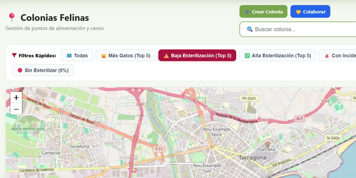 Panel de planificación del Protocolo CER con mapa de colonias e índice de esterilización en NexFelis