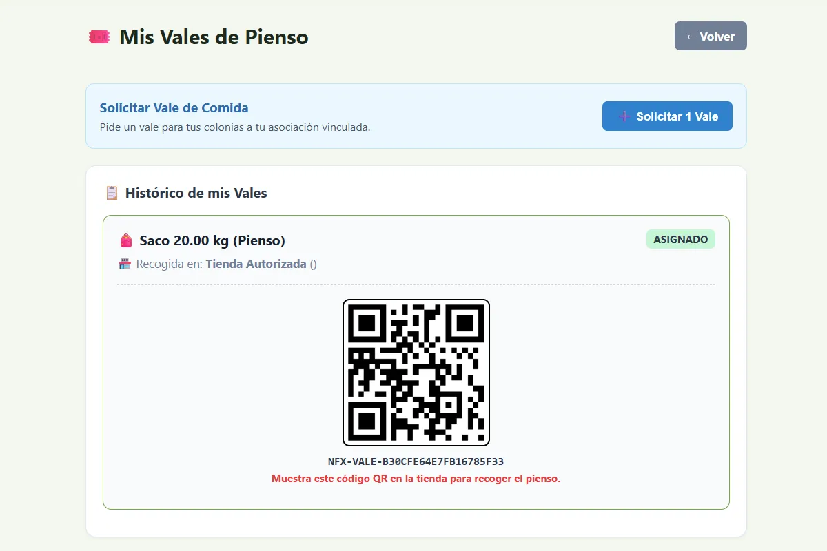 Captura de la pantalla de escaneo y quemado de vales de comida por código QR en NexFelis