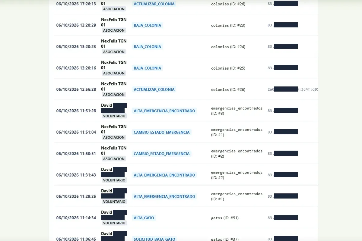Captura de la interfaz de filtrado y búsqueda de logs de seguridad en NexFelis con desglose por fecha, IP y operador
